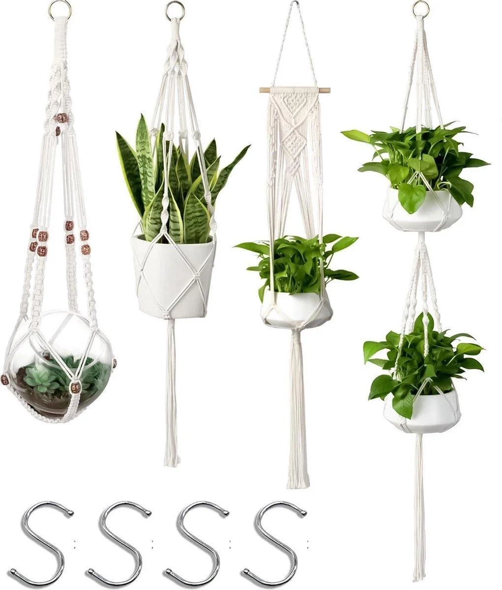 Spieringstore® 4 Stuks Plantenhangers - Boho Handgeweven Katoen Hangpot Voor Binnen/Buiten - Bloempot Met Kralen - Macramé Touw/Koord Hangplant Houder - Bohemian Wandhanger Decoratie - Verticale Tuin Plant Hanger Bloempothouder Planthanger Wit 1 Spieringstore® 4 Stuks Plantenhangers - Boho Handgeweven Katoen Hangpot Voor Binnen/Buiten - Bloempot Met Kralen - Macramé Touw/Koord Hangplant Houder - Bohemian Wandhanger Decoratie - Verticale Tuin Plant Hanger Bloempothouder Planthanger Wit