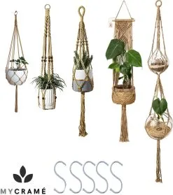 Mycramé 5 Stuks Luxe Jute Plantenhangers - Boho Handgeweven Katoen Hangpot Voor Binnen/Buiten - Hangende Bloempot Met Kralen - Macramé Touw/Koord Hangplant Houder - Bohemian Wandhanger Decoratie - Plant Hanger - Verticale Tuin Bloempothouder Planthanger