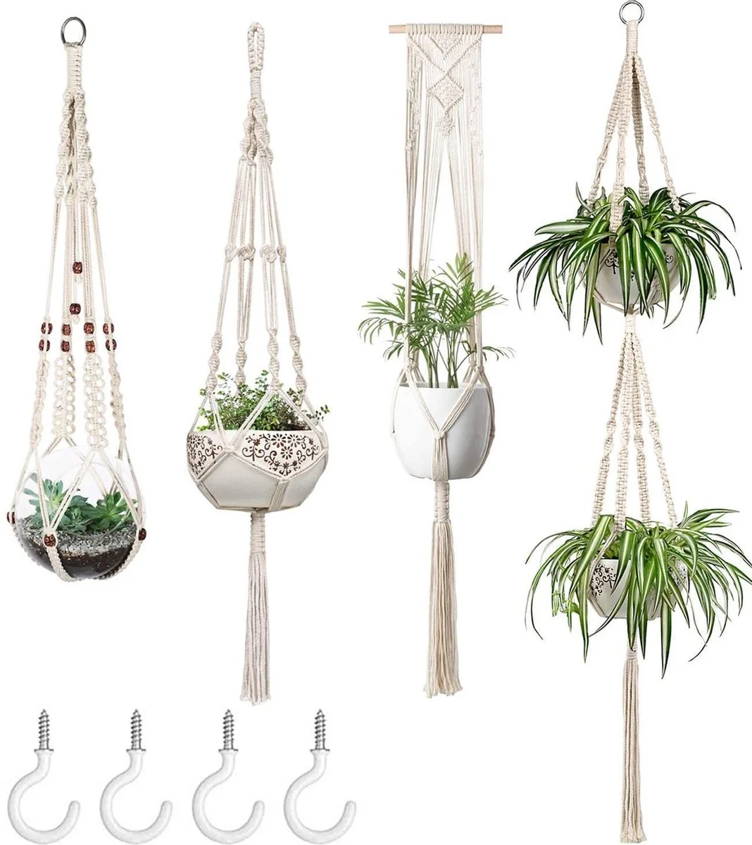 Spieringstore® 4 Stuks Plantenhangers - Boho Handgeweven Katoen Hangpot Voor Binnen/Buiten - Bloempot Met Kralen - Macramé Touw/Koord Hangplant Houder - Bohemian Wandhanger Decoratie - Verticale Tuin Plant Hanger Bloempothouder Planthanger Wit 7 Spieringstore® 4 Stuks Plantenhangers - Boho Handgeweven Katoen Hangpot Voor Binnen/Buiten - Bloempot Met Kralen - Macramé Touw/Koord Hangplant Houder - Bohemian Wandhanger Decoratie - Verticale Tuin Plant Hanger Bloempothouder Planthanger Wit - Afbeelding 7