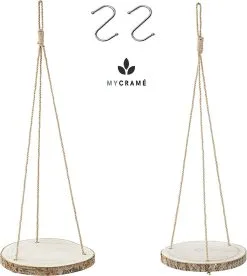 Mycramé Set Van 2 Boomstam Rond Wandrek Plantenhangers - Boho Jute Houten Plantenrek - Hangpot Voor Binnen/Buiten - Hangende Bloempot Plank - Hangplant Houder - Bohemian Macrame Stijl Wandhanger - Hangplank Plant Hanger - Planthanger - Ø Rond 25-20cm -Bloempotten Verkoop 1073x1200