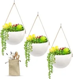 Lido Plantenhanger Keramiek – Set Van 3 – Wit Steen- Hangpot – Hangende Bloempot Plantenpot - 3 Verschillende Koorden - 18 X 11 X 7 Cm -Bloempotten Verkoop 1106x1200
