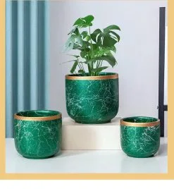 Spieringstore® Bloempotten Binnen - Keramiek - Gouden Rand - Bloempot Buiten - Afvoergat 24 Cm - Groen – Groot