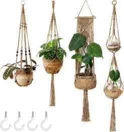 Spieringstore® 4 Stuks Plantenhangers - Boho Handgeweven Katoen Hangpot Voor Binnen/Buiten - Bloempot Met Kralen - Macramé Touw/Koord Hangplant Houder - Bohemian Wandhanger Decoratie - Verticale Tuin Plant Hanger Bloempothouder Planthanger