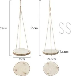 Mycramé Set Van 2 Boomstam Rond Wandrek Plantenhangers - Boho Jute Houten Plantenrek - Hangpot Voor Binnen/Buiten - Hangende Bloempot Plank - Hangplant Houder - Bohemian Macrame Stijl Wandhanger - Hangplank Plant Hanger - Planthanger - Ø Rond 25-20cm -Bloempotten Verkoop 1121x1200
