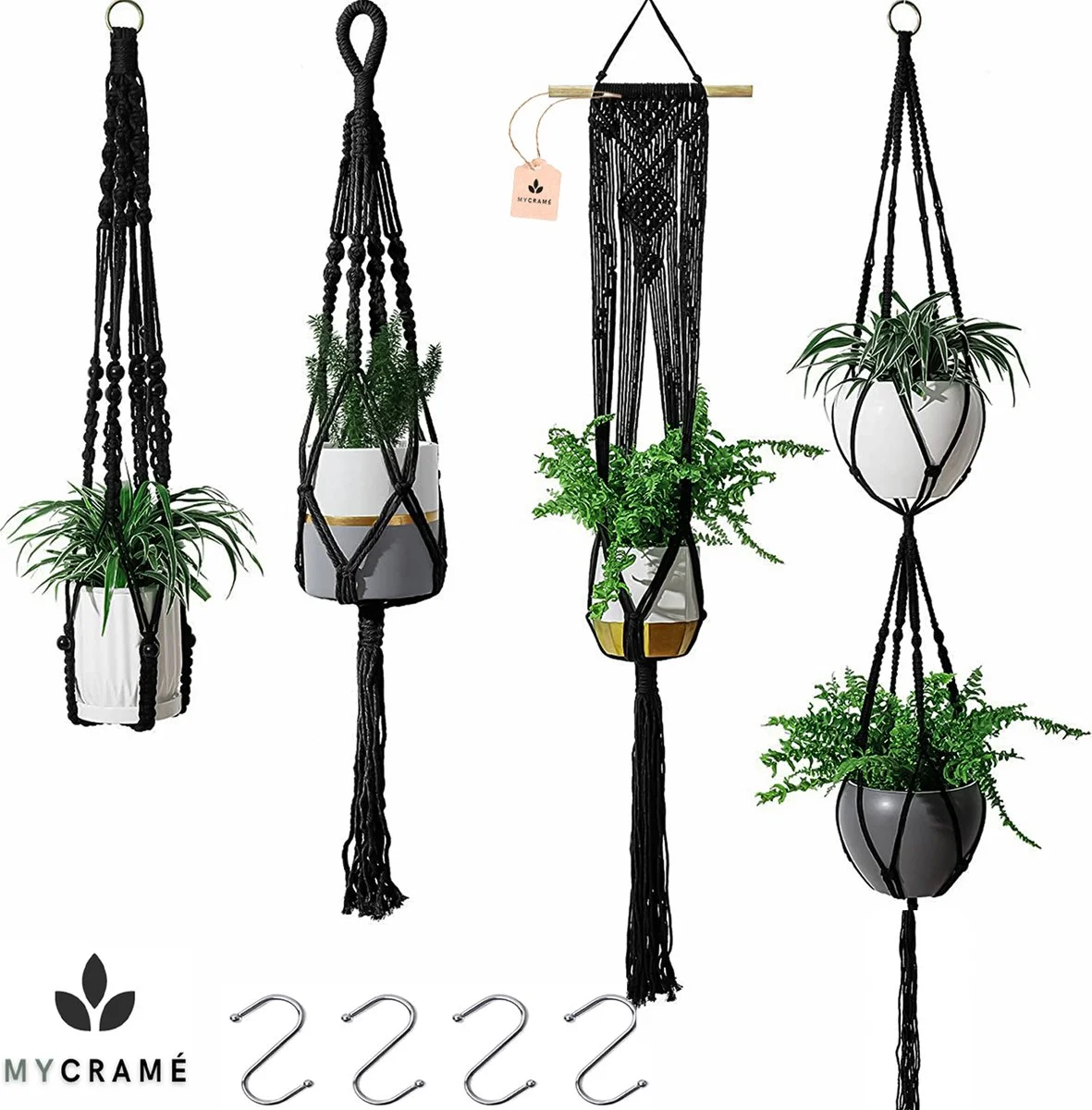 Mycramé 4 Stuks Luxe Macrame Plantenhangers - Boho Handgeweven Katoen Hangpot Voor Binnen/Buiten - Hangende Bloempot Met Kralen - Macramé Touw/Koord Hangplant Houder - Bohemian Wandhanger Decoratie - Plant Hanger - Verticale Tuin Bloempothouder Planthanger 1 Mycramé 4 Stuks Luxe Macrame Plantenhangers - Boho Handgeweven Katoen Hangpot Voor Binnen/Buiten - Hangende Bloempot Met Kralen - Macramé Touw/Koord Hangplant Houder - Bohemian Wandhanger Decoratie - Plant Hanger - Verticale Tuin Bloempothouder Planthanger