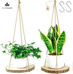 Mycramé Set Van 2 Boomstam Rond Wandrek Plantenhangers - Boho Jute Houten Plantenrek - Hangpot Voor Binnen/Buiten - Hangende Bloempot Plank - Hangplant Houder - Bohemian Macrame Stijl Wandhanger - Hangplank Plant Hanger - Planthanger - Ø Rond 25-20cm