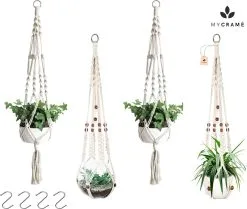 Mycramé 4 Stuks Luxe Macrame Plantenhangers - Boho Handgeweven Katoen Hangpot Voor Binnen/Buiten - Hangende Bloempot Met Kralen - Macramé Touw/Koord Hangplant Houder - Bohemian Wandhanger Decoratie - Plant Hanger - Verticale Tuin Bloempothouder Planthanger