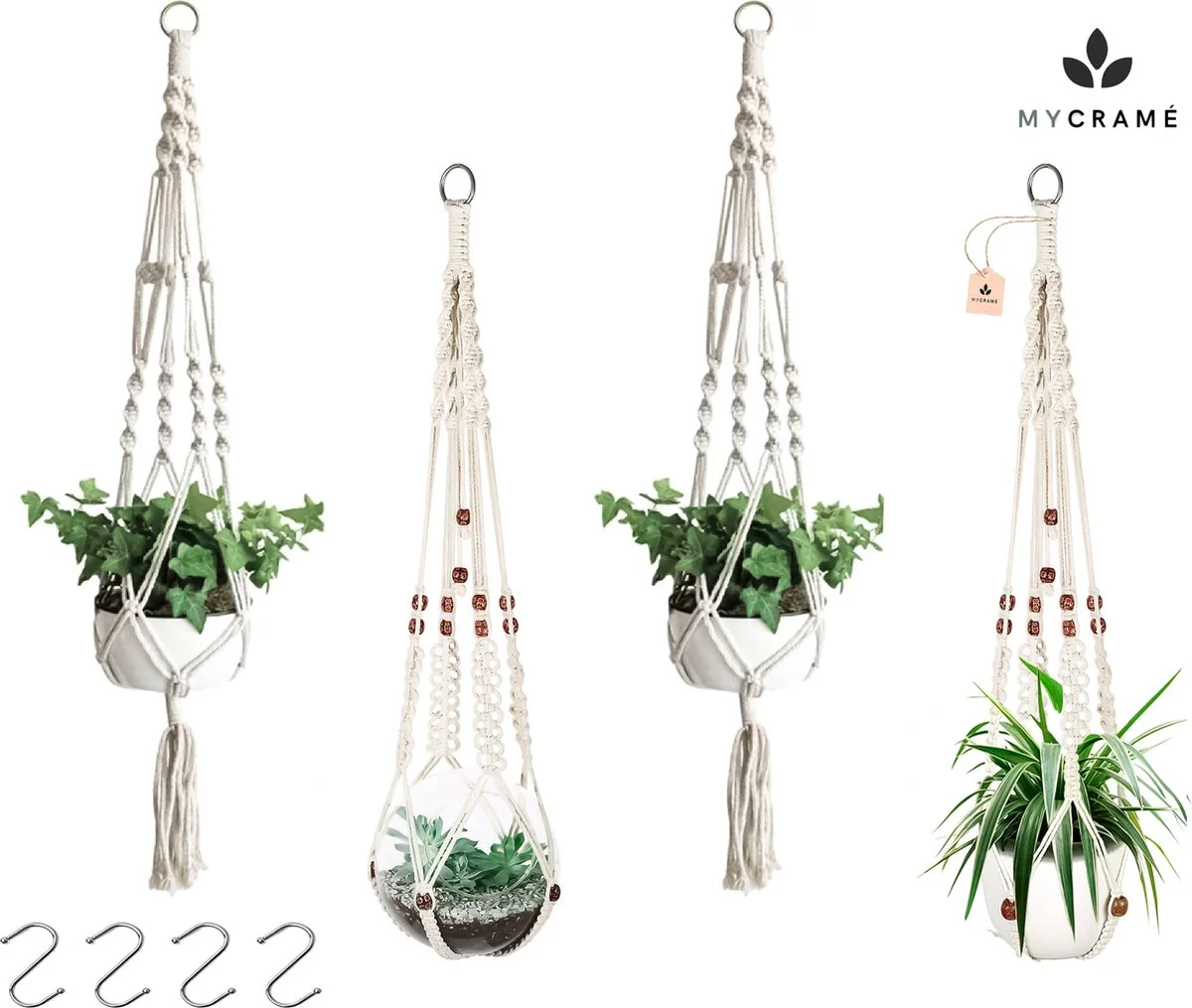 Mycramé 4 Stuks Luxe Macrame Plantenhangers - Boho Handgeweven Katoen Hangpot Voor Binnen/Buiten - Hangende Bloempot Met Kralen - Macramé Touw/Koord Hangplant Houder - Bohemian Wandhanger Decoratie - Plant Hanger - Verticale Tuin Bloempothouder Planthanger 1 Mycramé 4 Stuks Luxe Macrame Plantenhangers - Boho Handgeweven Katoen Hangpot Voor Binnen/Buiten - Hangende Bloempot Met Kralen - Macramé Touw/Koord Hangplant Houder - Bohemian Wandhanger Decoratie - Plant Hanger - Verticale Tuin Bloempothouder Planthanger
