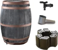 ThuisTuinieren.nl Complete Set: Regenton Bronzen Band 235 Ltr | Hout Effect | Handbewerkt | Inc.voet & Vulautomaat
