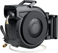 Voorkant 27 Buxibo - Wandslangenbox 20 Meter + 2 Meter - Tuinslang Met Haspel - 9 Sproei Standen - Slangenhouder 180° Draaibaar - Tuinslanghaspel Zwart+ Gratis Sproeier - Zwart