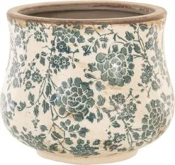 Clayre & Eef Bloempot Ø 15x13 Cm Beige Groen Keramiek Rond Bloemen Bloempot Binnen Plantenpot Plant Pot