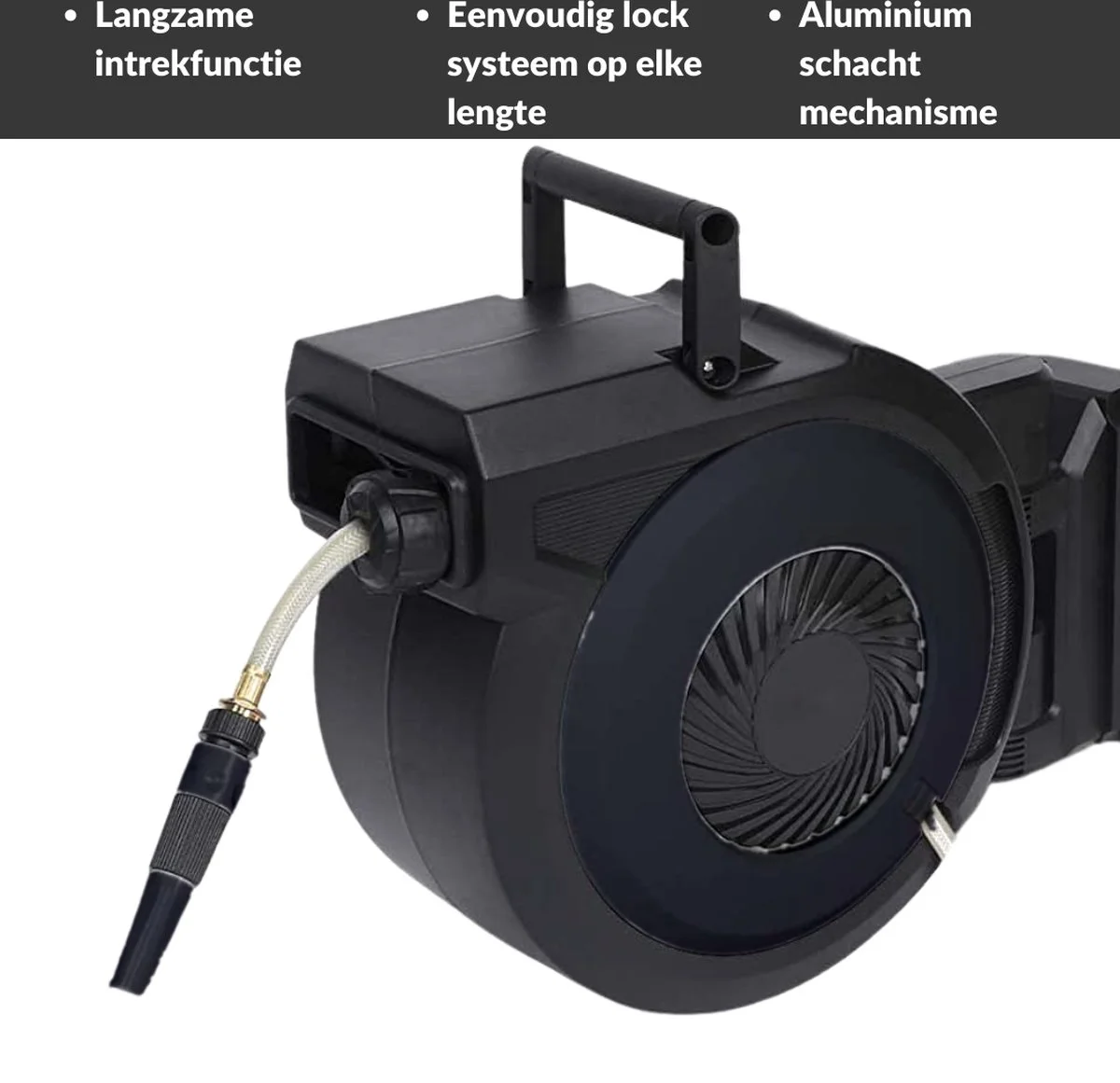 Buxibo - Wandslangenbox 20 Meter + 2 Meter - Tuinslang Met Haspel - 9 Sproei Standen - Slangenhouder 180° Draaibaar - Tuinslanghaspel Zwart+ Gratis Sproeier - Zwart 16 Buxibo - Wandslangenbox 20 Meter + 2 Meter - Tuinslang Met Haspel - 9 Sproei Standen - Slangenhouder 180° Draaibaar - Tuinslanghaspel Zwart+ Gratis Sproeier - Zwart - Afbeelding 16