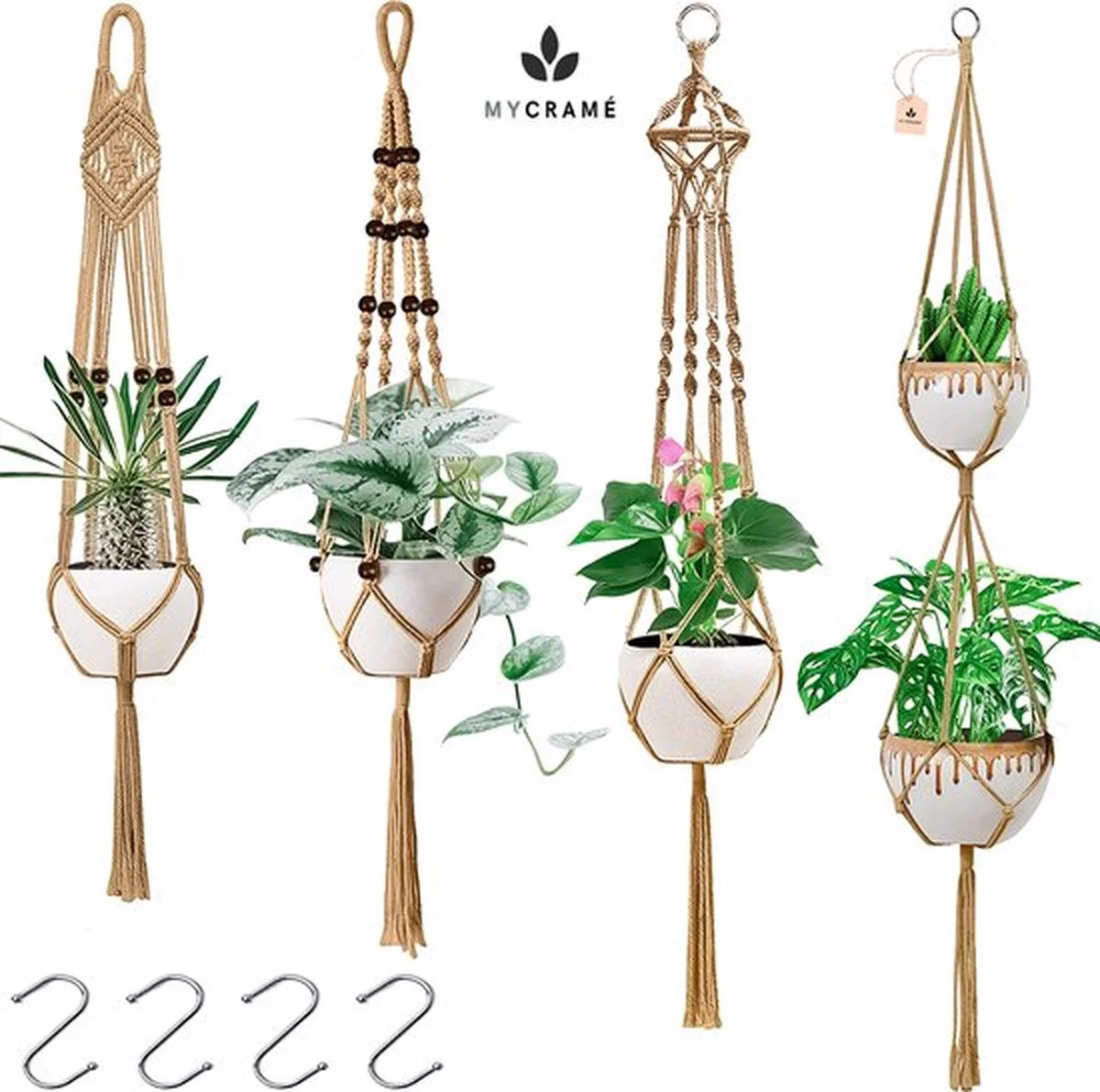 Mycramé 5 Stuks Jute Macrame Plantenhangers - Boho Handgeweven Katoen Hangpot Voor Binnen/Buiten - Hangende Bloempot Met Kralen - Macramé Touw/Koord Hangplant Houder - Bohemian Wandhanger Decoratie - Plant Hanger - Verticale Tuin Bloempothouder Planthanger 7 Mycramé 5 Stuks Jute Macrame Plantenhangers - Boho Handgeweven Katoen Hangpot Voor Binnen/Buiten - Hangende Bloempot Met Kralen - Macramé Touw/Koord Hangplant Houder - Bohemian Wandhanger Decoratie - Plant Hanger - Verticale Tuin Bloempothouder Planthanger - Afbeelding 7