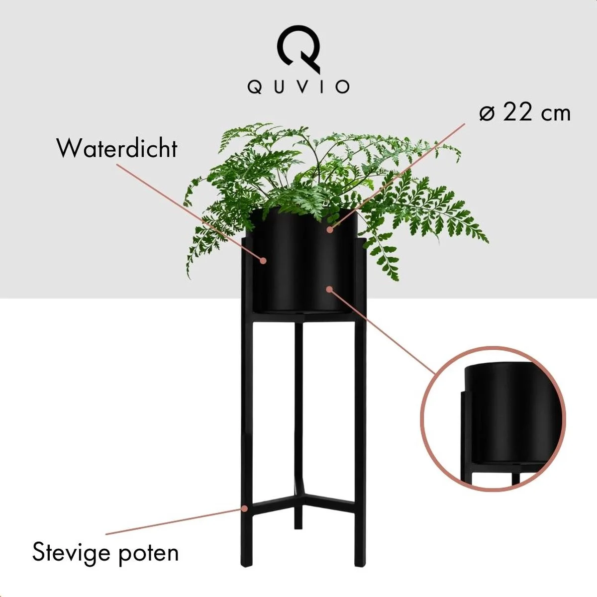 QUVIO Plantenstandaard Binnen - Inclusief Pot - Staande Plantenbak - Metaal - Bloempot - 22 X 22 X 60 Cm - Zwart 3 QUVIO Plantenstandaard Binnen - Inclusief Pot - Staande Plantenbak - Metaal - Bloempot - 22 X 22 X 60 Cm - Zwart - Afbeelding 3