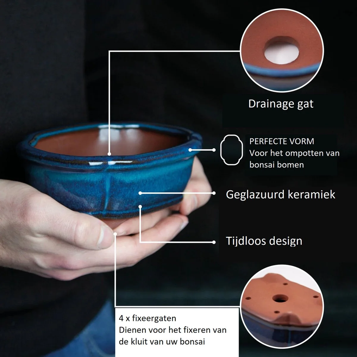 Happy Seed Keramieken Bonsai Pot (schaal) - Marine Blauw - Geglazuurd 5 Happy Seed Keramieken Bonsai Pot (schaal) - Marine Blauw - Geglazuurd - Afbeelding 5