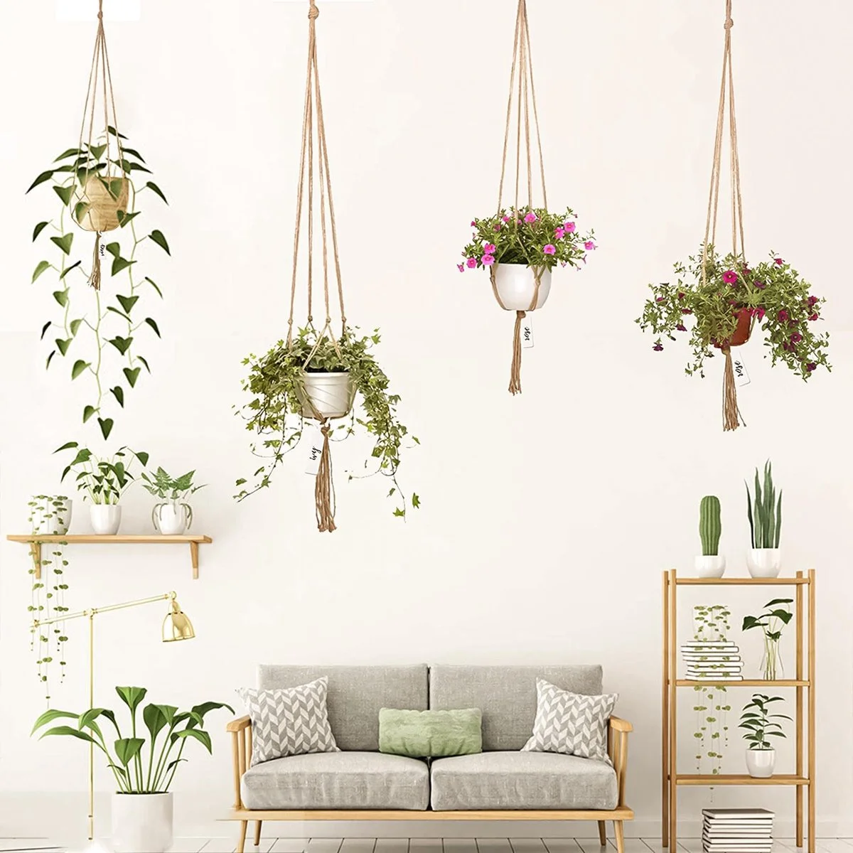 Mycramé 9 Stuks Jute Macrame Plantenhangers - Boho Handgeweven Katoen Hangpot Voor Binnen/Buiten - Hangende Bloempot Met Kralen - Macramé Touw/Koord Hangplant Houder - Bohemian Wandhanger Decoratie - Plant Hanger - Verticale Tuin Bloempothouder Planthanger 2 Mycramé 9 Stuks Jute Macrame Plantenhangers - Boho Handgeweven Katoen Hangpot Voor Binnen/Buiten - Hangende Bloempot Met Kralen - Macramé Touw/Koord Hangplant Houder - Bohemian Wandhanger Decoratie - Plant Hanger - Verticale Tuin Bloempothouder Planthanger - Afbeelding 2