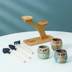 PlantCerra Luxe Bamboe Houten Boom Met 3 Keramiek Uil Bloempotten/Plantenpotten Op Standaard/Voet Voor Binnen En Buiten - Modern Design Bloempot/Plantenpot Op Poten/Pootjes-Plantenbak Mini Cactus Nep Plant Pot Houder - Kleine Bloembakken Plantenrek/Plantenkurk -Bloempotten Verkoop 1200x1200 320