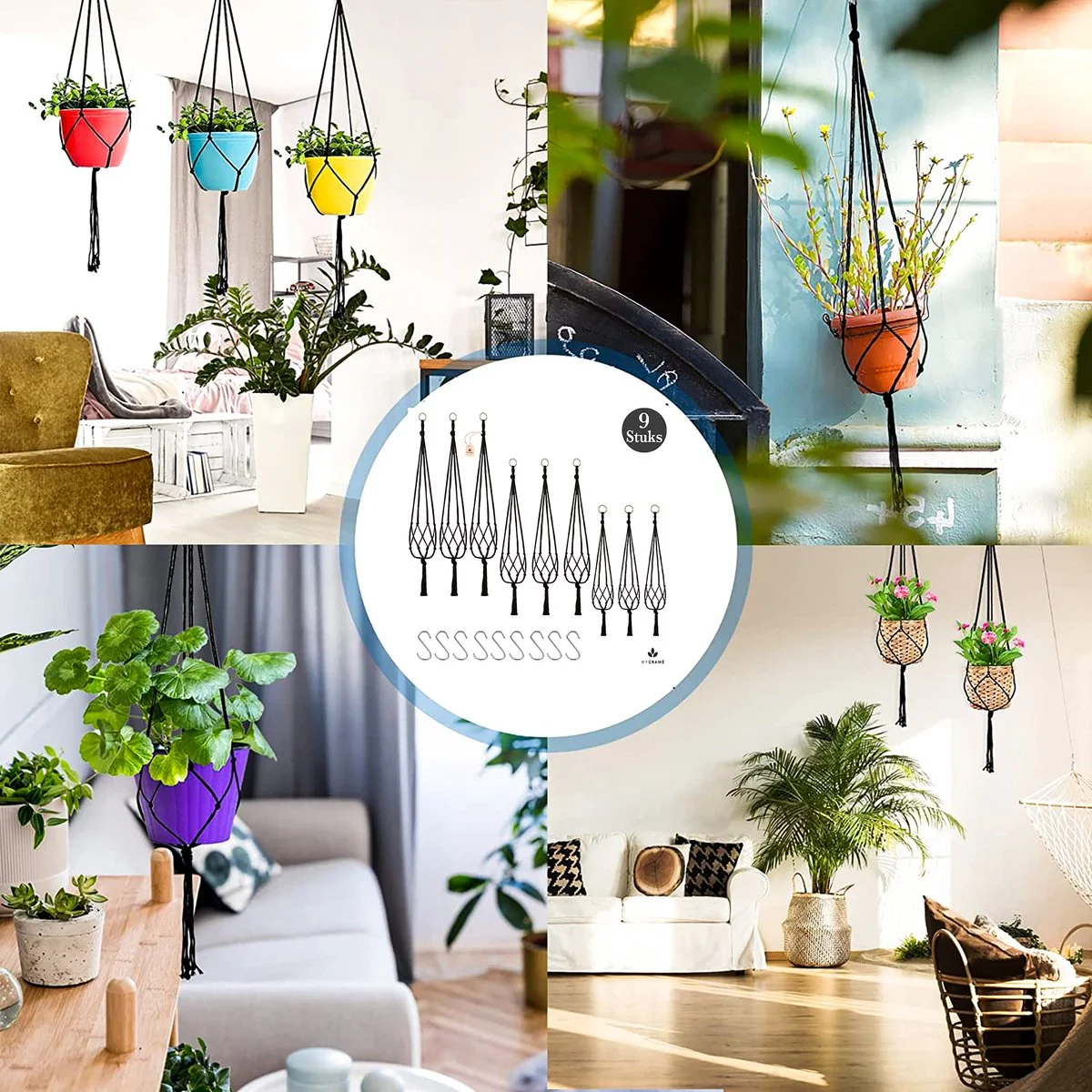 Mycramé 9 Stuks Zwart Macrame Plantenhangers - Boho Handgeweven Katoen Hangpot Voor Binnen/Buiten - Hangende Bloempot Met Kralen - Macramé Touw/Koord Hangplant Houder - Bohemian Wandhanger Decoratie - Plant Hanger - Verticale Tuin Bloempothouder Planthanger 2 Mycramé 9 Stuks Zwart Macrame Plantenhangers - Boho Handgeweven Katoen Hangpot Voor Binnen/Buiten - Hangende Bloempot Met Kralen - Macramé Touw/Koord Hangplant Houder - Bohemian Wandhanger Decoratie - Plant Hanger - Verticale Tuin Bloempothouder Planthanger - Afbeelding 2