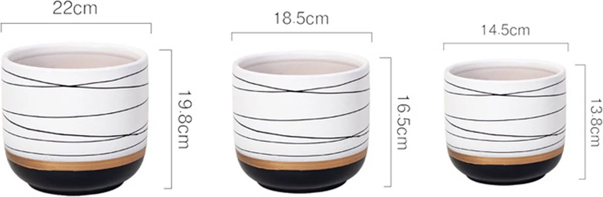 Spieringstore® Bloempotten Binnen - Keramiek - Gouden Rand - Bloempot Buiten - Afvoergat 24 Cm - Wit Zwart – Groot 2 Spieringstore® Bloempotten Binnen - Keramiek - Gouden Rand - Bloempot Buiten - Afvoergat 24 Cm - Wit Zwart – Groot - Afbeelding 2