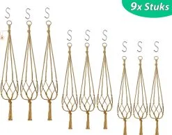 Mycramé 9 Stuks Jute Macrame Plantenhangers - Boho Handgeweven Katoen Hangpot Voor Binnen/Buiten - Hangende Bloempot Met Kralen - Macramé Touw/Koord Hangplant Houder - Bohemian Wandhanger Decoratie - Plant Hanger - Verticale Tuin Bloempothouder Planthanger