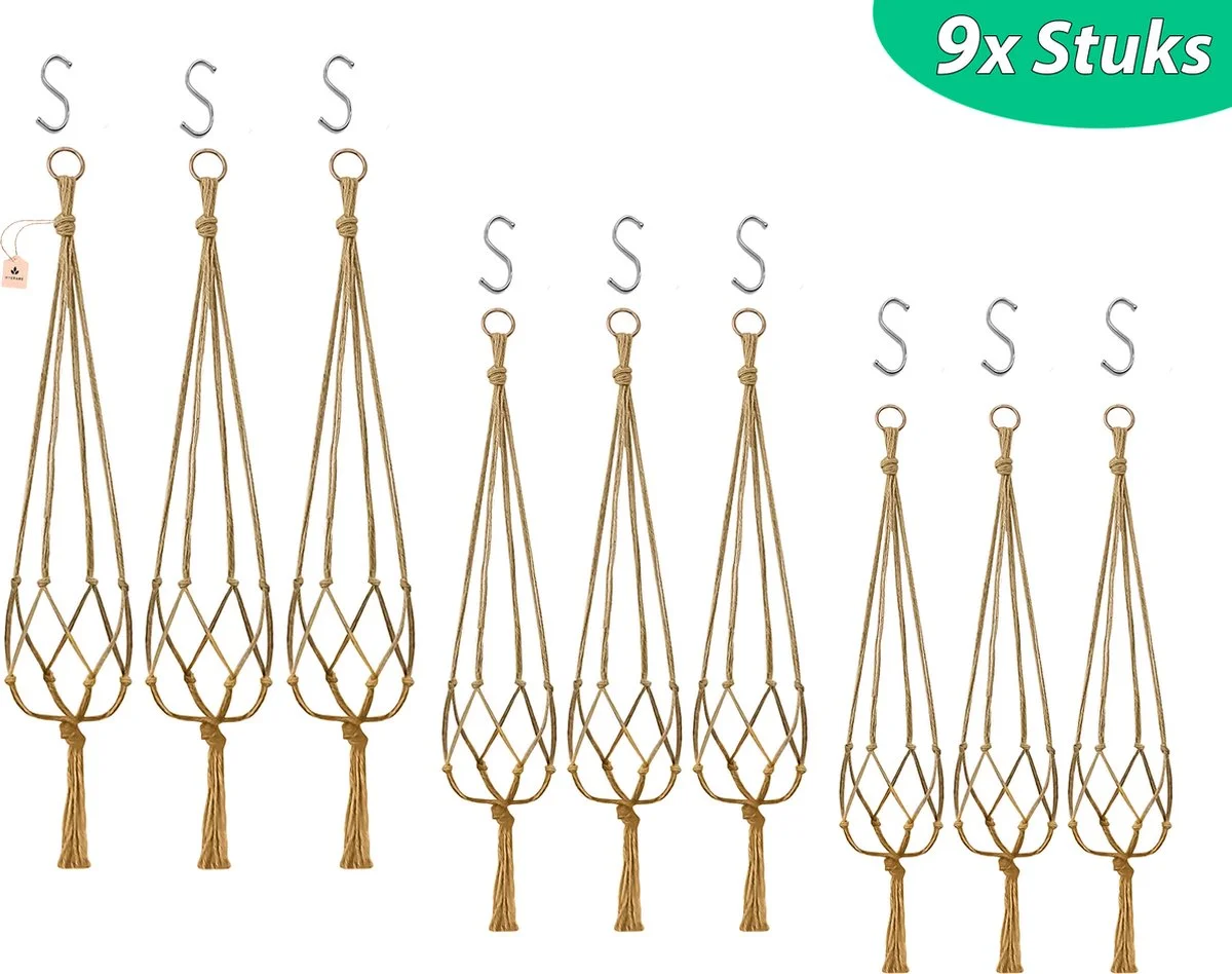 Mycramé 9 Stuks Jute Macrame Plantenhangers - Boho Handgeweven Katoen Hangpot Voor Binnen/Buiten - Hangende Bloempot Met Kralen - Macramé Touw/Koord Hangplant Houder - Bohemian Wandhanger Decoratie - Plant Hanger - Verticale Tuin Bloempothouder Planthanger 1 Mycramé 9 Stuks Jute Macrame Plantenhangers - Boho Handgeweven Katoen Hangpot Voor Binnen/Buiten - Hangende Bloempot Met Kralen - Macramé Touw/Koord Hangplant Houder - Bohemian Wandhanger Decoratie - Plant Hanger - Verticale Tuin Bloempothouder Planthanger