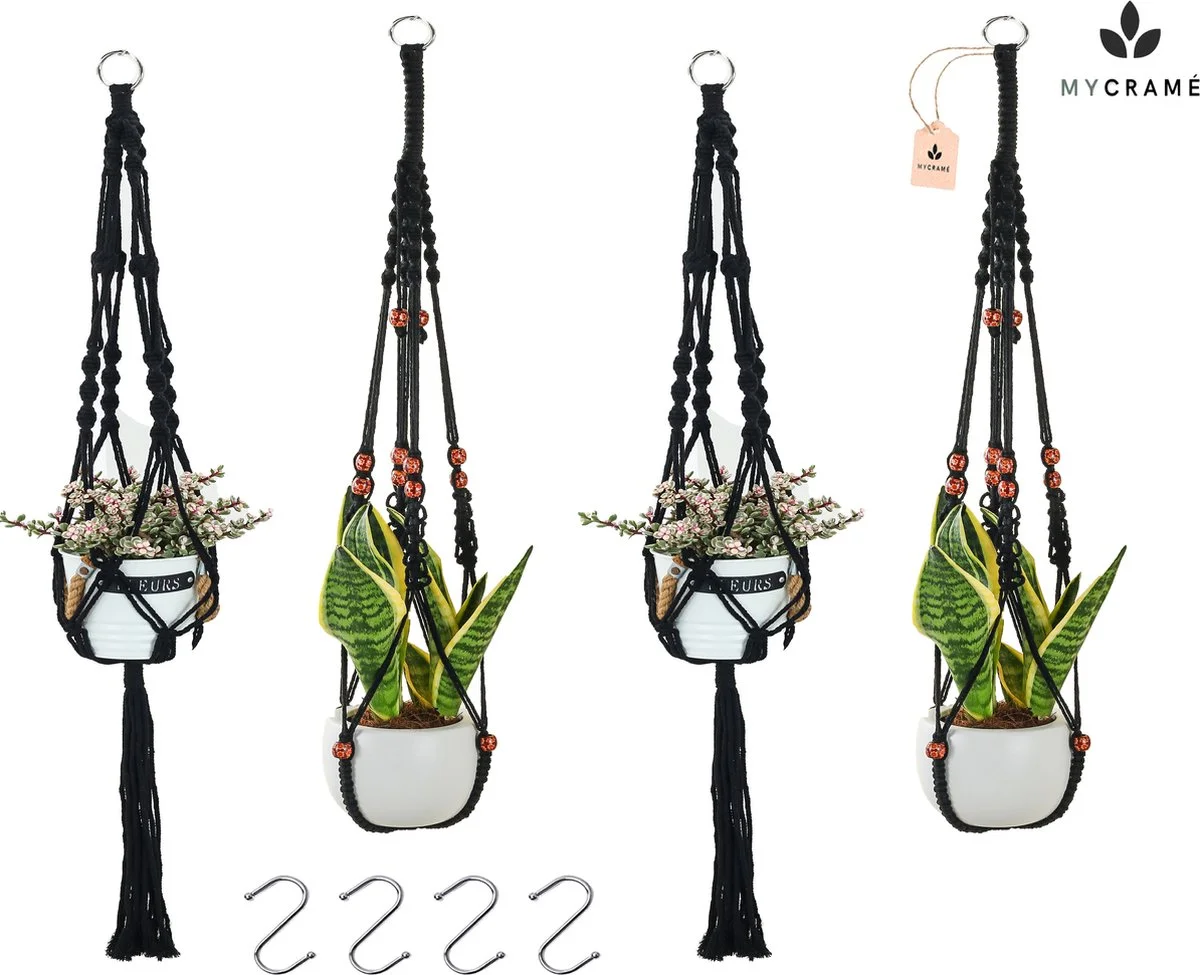 Mycramé 4 Stuks Zwarte Macrame Plantenhangers - Boho Handgeweven Katoen Hangpot Voor Binnen/Buiten - Hangende Bloempot Met Kralen - Macramé Touw/Koord Hangplant Houder - Bohemian Wandhanger Decoratie - Plant Hanger - Verticale Tuin Bloempothouder Planthanger 1 Mycramé 4 Stuks Zwarte Macrame Plantenhangers - Boho Handgeweven Katoen Hangpot Voor Binnen/Buiten - Hangende Bloempot Met Kralen - Macramé Touw/Koord Hangplant Houder - Bohemian Wandhanger Decoratie - Plant Hanger - Verticale Tuin Bloempothouder Planthanger