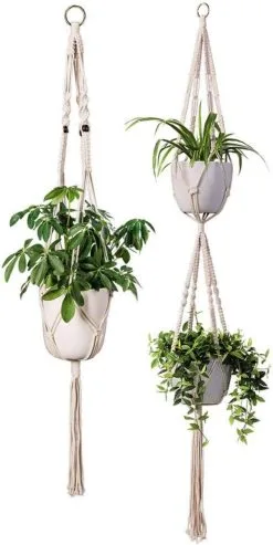Fienosa® Plantenhanger Macrame Set Van 2 - Plantenhanger Met Ruimte Voor 3 Potten - Luxe Gevlochten Touw 100% Katoen - Duurzaam - Plantenbakken - Bloempotten - Macramé Stijl Hanger Voor Bloempotten - Hangpot - Fienosa