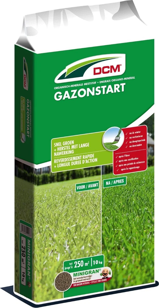 DCM Gazonstart - Gazonmest - Herstelt En Geeft Diepgroene Kleur - Gazonmeststof Met MINIGRAN® Technology - 250m2 - 10 Kg 1 DCM Gazonstart - Gazonmest - Herstelt En Geeft Diepgroene Kleur - Gazonmeststof Met MINIGRAN® Technology - 250m2 - 10 Kg