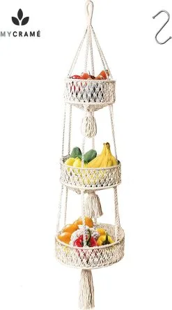 Mycramé Macramé 3-Laags Hangende Fruitmand - Bohemian Mand Plantenhanger - Handgemaakt Katoen Touw Fruitschaal Hangmand - Boho Ophangbaar Etagere - Decoratieve Fruit Schaal/Basket - Opbergmand Organizer - Keuken/Balkon Decoratie - Hangpot Voor Binnen/Buiten