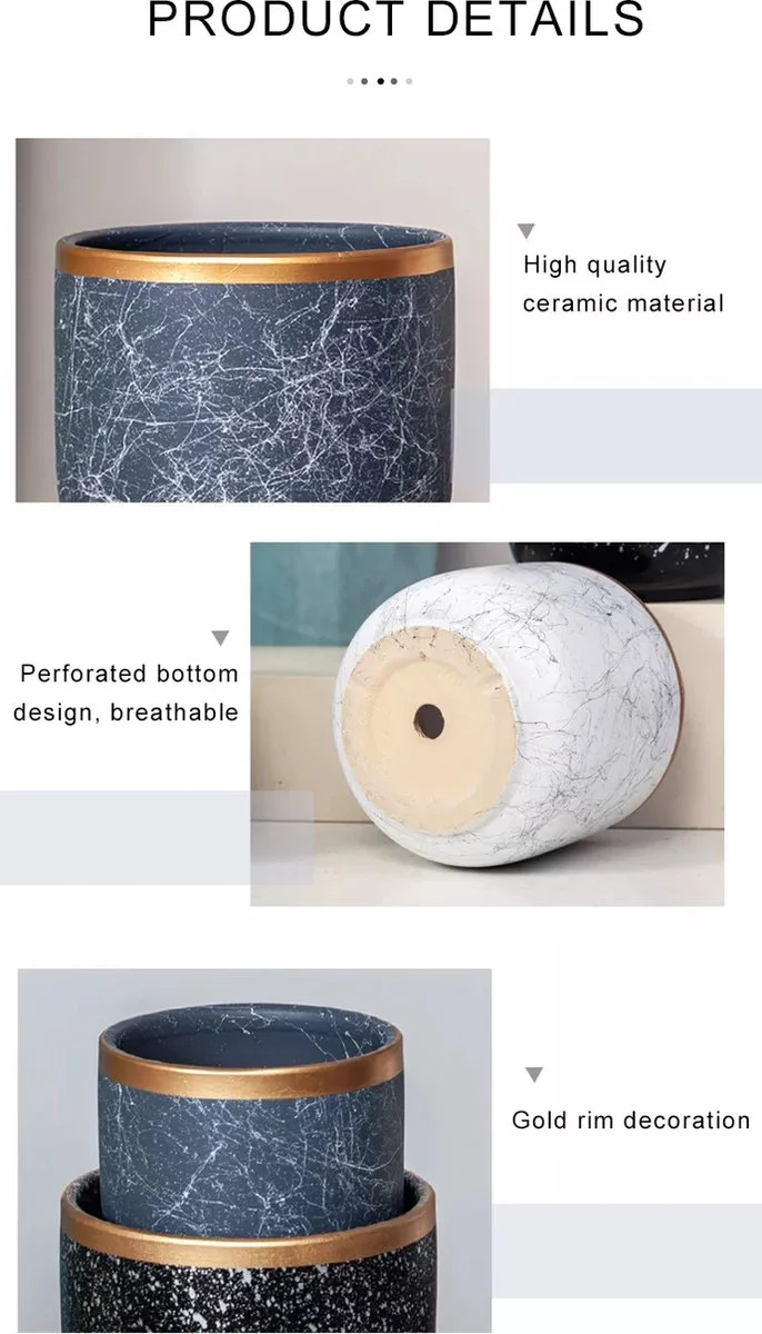 Spieringstore® Bloempotten Binnen - Keramiek - Gouden Rand - Bloempot Buiten - Afvoergat 24 Cm - Wit Zwart – Groot 3 Spieringstore® Bloempotten Binnen - Keramiek - Gouden Rand - Bloempot Buiten - Afvoergat 24 Cm - Wit Zwart – Groot - Afbeelding 3