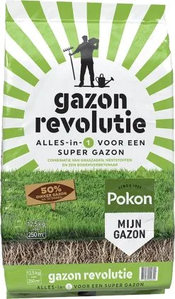 Pokon Gazon Revolutie - 12,5kg - Gazonmest / Graszaad / Bodemverbeteraar - Geschikt Voor 250m² - Binnen 15 Dagen Resultaat -Bloempotten Verkoop 702x1200