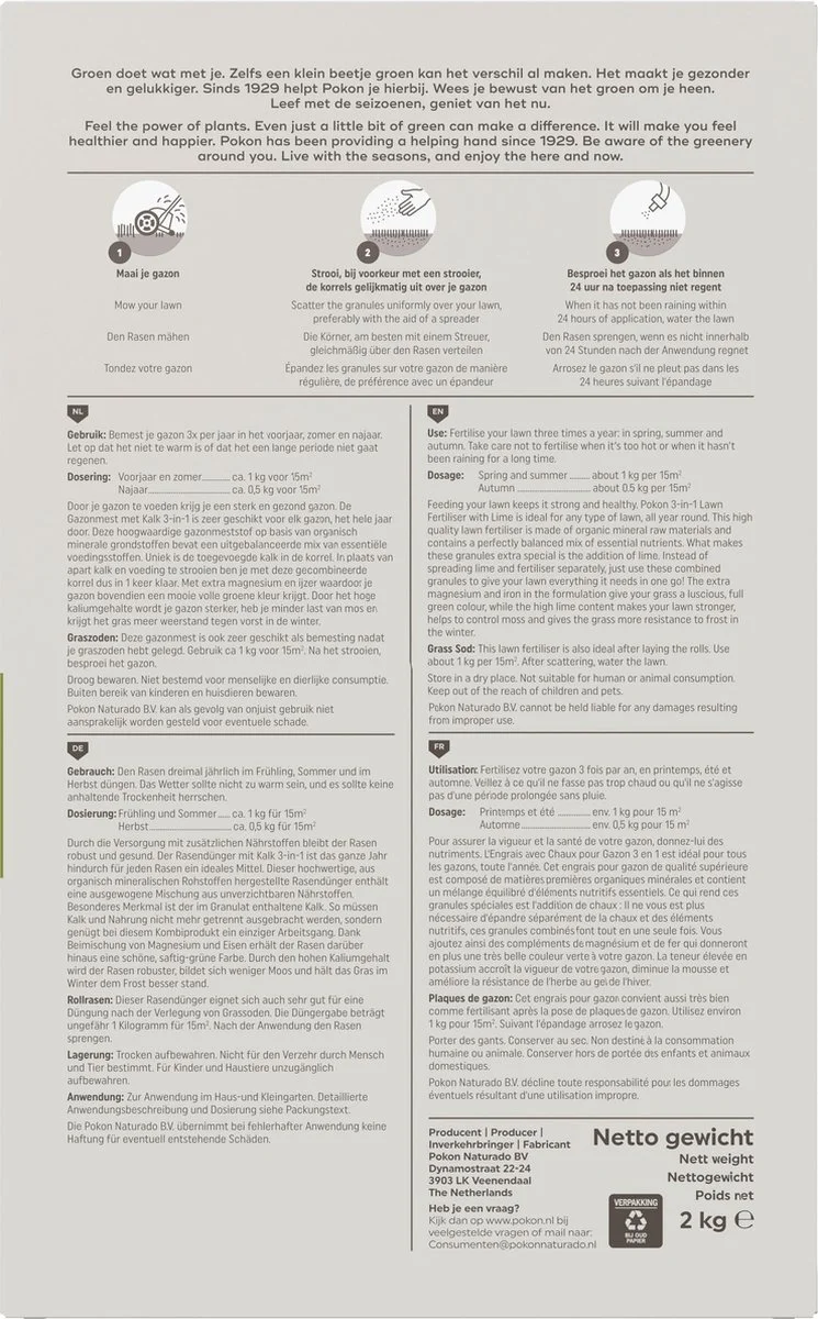 Pokon Gazonmest Met Kalk - 2kg - Mest - Geschikt Voor 30m² - 120 Dagen Voeding 6 Pokon Gazonmest Met Kalk - 2kg - Mest - Geschikt Voor 30m² - 120 Dagen Voeding - Afbeelding 6