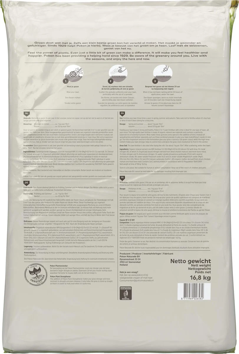Pokon Gazonmest Met Kalk - 16,8kg - Mest - Geschikt Voor 250m² - 120 Dagen Voeding 6 Pokon Gazonmest Met Kalk - 16,8kg - Mest - Geschikt Voor 250m² - 120 Dagen Voeding - Afbeelding 6