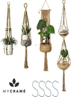 Mycramé 4 Stuks Luxe Jute Plantenhangers - Boho Handgeweven Katoen Hangpot Voor Binnen/Buiten - Hangende Bloempot Met Kralen - Macramé Touw/Koord Hangplant Houder - Bohemian Wandhanger Decoratie - Plant Hanger - Verticale Tuin Bloempothouder Planthanger