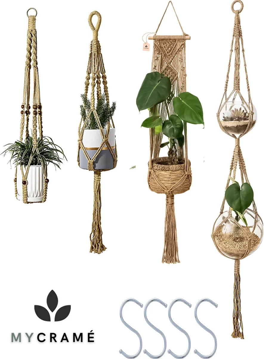 Mycramé 4 Stuks Luxe Jute Plantenhangers - Boho Handgeweven Katoen Hangpot Voor Binnen/Buiten - Hangende Bloempot Met Kralen - Macramé Touw/Koord Hangplant Houder - Bohemian Wandhanger Decoratie - Plant Hanger - Verticale Tuin Bloempothouder Planthanger 1 Mycramé 4 Stuks Luxe Jute Plantenhangers - Boho Handgeweven Katoen Hangpot Voor Binnen/Buiten - Hangende Bloempot Met Kralen - Macramé Touw/Koord Hangplant Houder - Bohemian Wandhanger Decoratie - Plant Hanger - Verticale Tuin Bloempothouder Planthanger