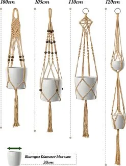 Mycramé 4 Stuks Luxe Jute Plantenhangers - Boho Handgeweven Katoen Hangpot Voor Binnen/Buiten - Hangende Bloempot Met Kralen - Macramé Touw/Koord Hangplant Houder - Bohemian Wandhanger Decoratie - Plant Hanger - Verticale Tuin Bloempothouder Planthanger -Bloempotten Verkoop 913x1200