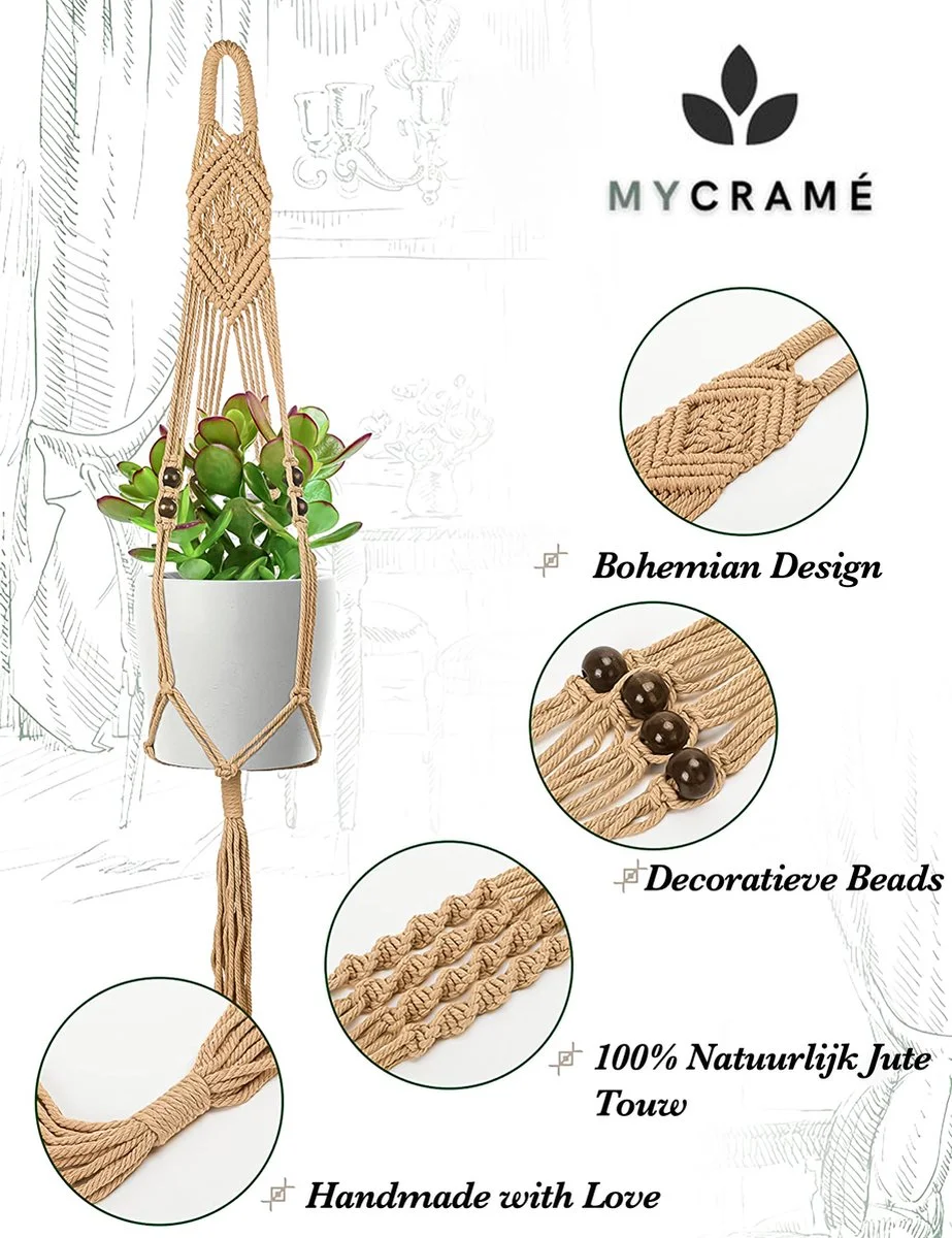 Mycramé 5 Stuks Jute Macrame Plantenhangers - Boho Handgeweven Katoen Hangpot Voor Binnen/Buiten - Hangende Bloempot Met Kralen - Macramé Touw/Koord Hangplant Houder - Bohemian Wandhanger Decoratie - Plant Hanger - Verticale Tuin Bloempothouder Planthanger 6 Mycramé 5 Stuks Jute Macrame Plantenhangers - Boho Handgeweven Katoen Hangpot Voor Binnen/Buiten - Hangende Bloempot Met Kralen - Macramé Touw/Koord Hangplant Houder - Bohemian Wandhanger Decoratie - Plant Hanger - Verticale Tuin Bloempothouder Planthanger - Afbeelding 6