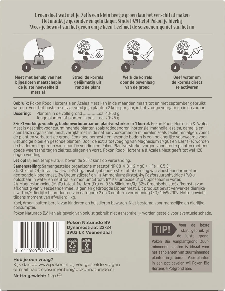 Pokon Rhododendron, Hortensia & Azalea Mest - 1kg - Meststof - 3-in-1 Werking 5 Pokon Rhododendron, Hortensia & Azalea Mest - 1kg - Meststof - 3-in-1 Werking - Afbeelding 5